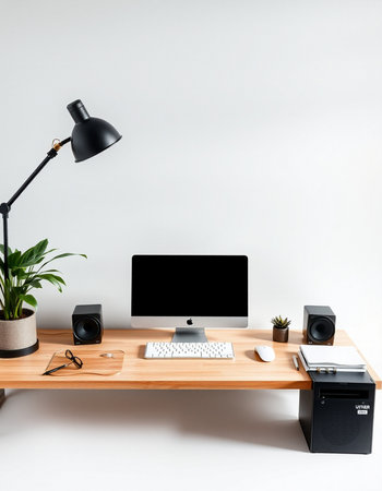 Modern workplace with computer on wooden desk and lamp on white wall background