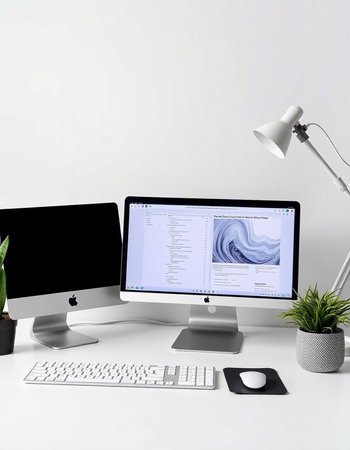 Modern workplace with computer, keyboard, mouse, lamp and plant.の写真素材