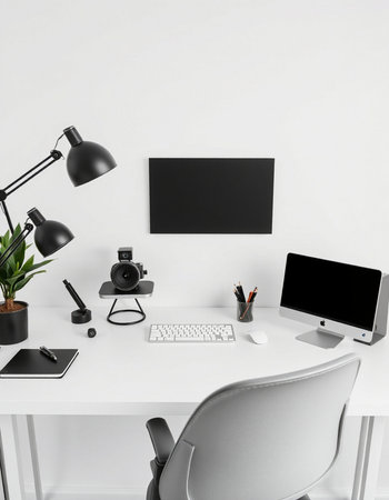 Minimalistic workspace with blank computer screen, keyboard, mouse and other items on white desk. 3d...