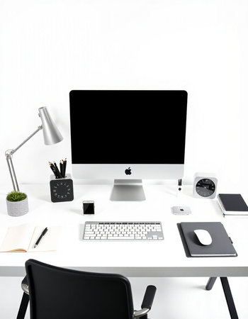 Modern workspace with computer, supplies and other items. 3D Renderingの写真素材