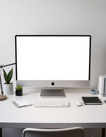 Computer with blank screen on the desk in office. 3d renderの写真素材