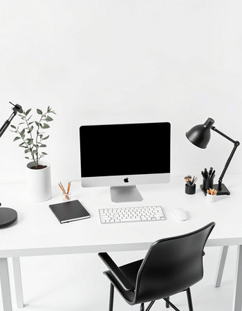 Modern designer desktop with blank computer screen, stationery and decorations on white background. 3D Renderingの写真素材