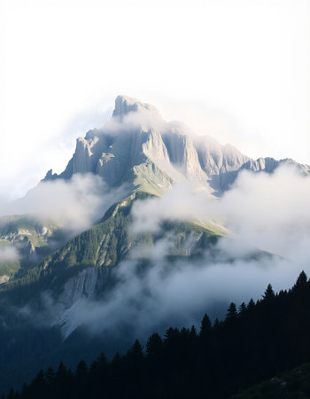 Mountain landscape with fog and cloudsの写真素材