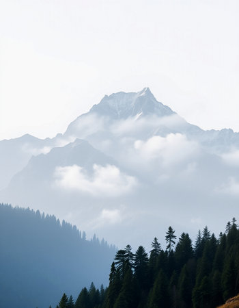 Foggy mountain landscape with coniferous forest in the foreground
