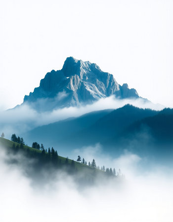Mountain landscape with fog and clouds.
