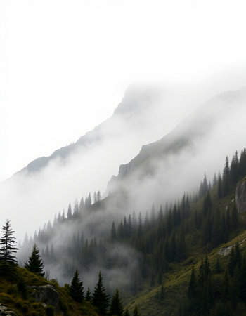 Foggy mountain landscape with coniferous forest and high peaksの写真素材