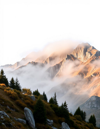 Mountains in the clouds at sunset, Dolomites, Italy