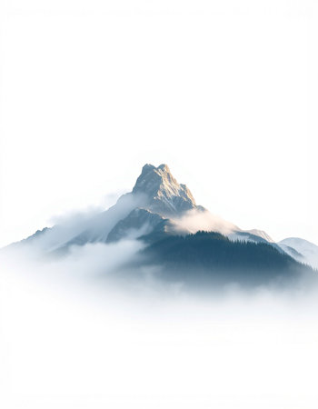 Mountain peak in the fog, isolated on a white background.の写真素材