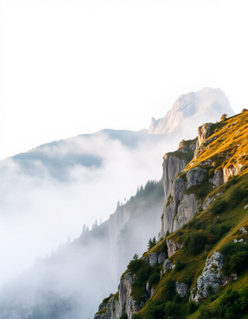 Foggy morning in the Dolomites mountains, Italy.