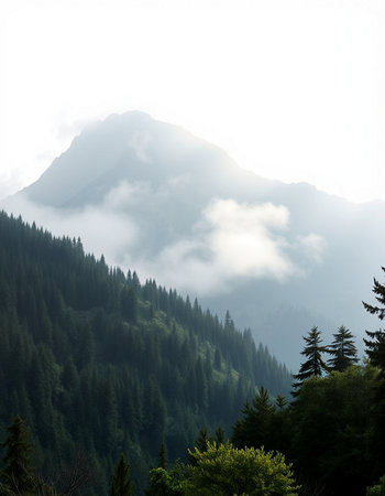 Mountain landscape with coniferous forest and fog on the slopes