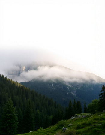 Mountain landscape with fog in the foreground and clouds in the backgroundの写真素材