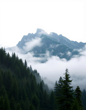 Beautiful mountain landscape with fog and coniferous forest in the foreground