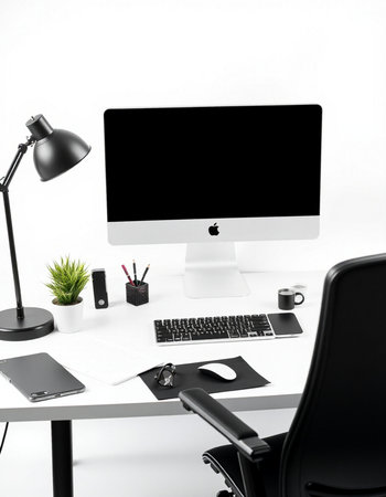 workplace with computer, lamp and stationery isolated on white background