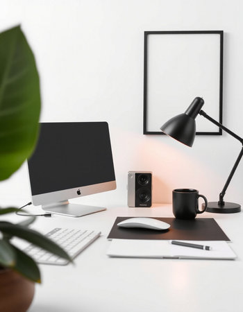 Workplace with computer, lamp and stationery on table in office