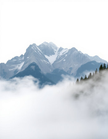 Mountains in the clouds with pine trees and coniferous forestの写真素材
