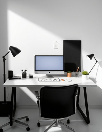 Workplace with computer, lamp and other objects. 3d rendering