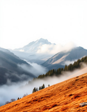 Foggy mountain landscape in the Carpathian Mountains, Ukraineの写真素材