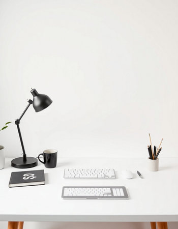 Minimal workspace with keyboard, mouse and coffee cup on white table