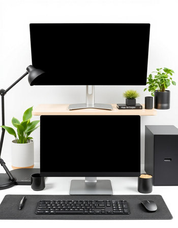 Modern desktop computer with blank black screen, keyboard, mouse, coffee cup, stationery and plant...
