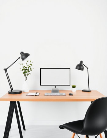 Close up of modern workplace with computer, lamp and plant. Mock up, 3D Rendering