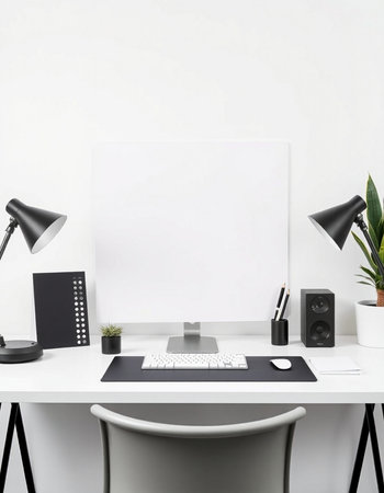 Modern workspace with blank poster, computer and other items. Mock up, 3D Rendering