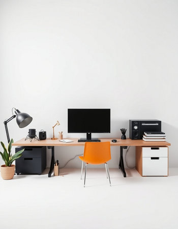 Interior of modern bright office with white walls, concrete floor, computer table with orange chair...