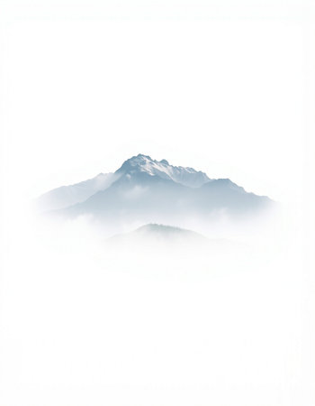 Mountain landscape isolated on white background, with fog and clouds.