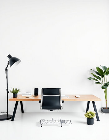 Minimalist office interior with white walls, concrete floor, computer desk, plant, lamp and plant pots. 3d renderの写真素材