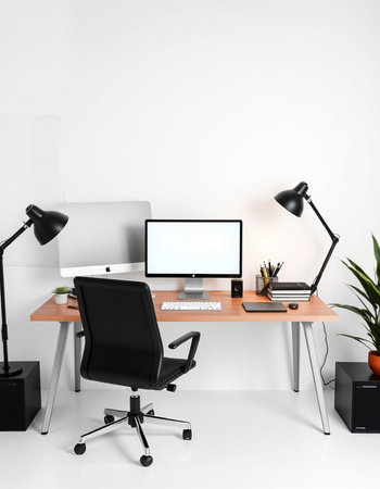 Workplace with computer, lamp and chair. 3d rendering.