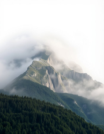 Foggy mountain landscape in the Dolomites, Italy.