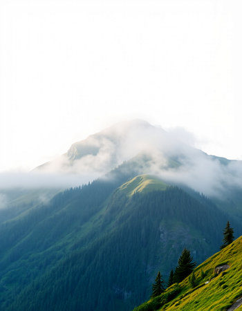 Mountain landscape with fog and clouds. Caucasus, Dombay