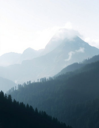Mountain landscape with foggy forest. Caucasus Mountains, Georgia.の写真素材