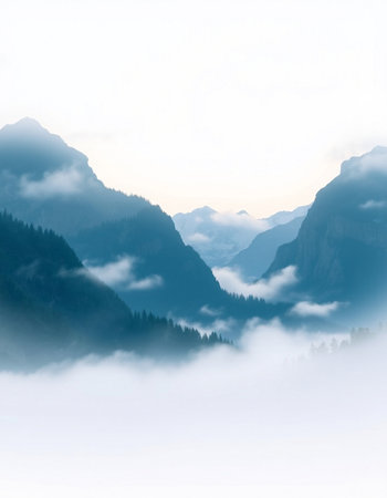 Mountain landscape with fog and mist in the morning at sunrise.