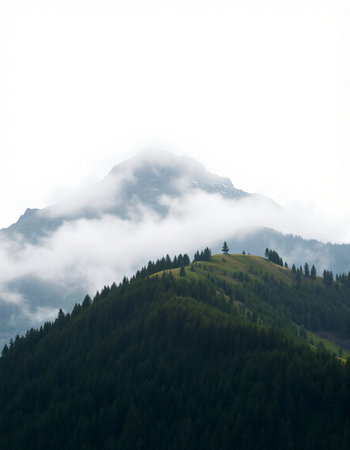 Mountain landscape with fog in the morning. Caucasus Mountains, Georgia.