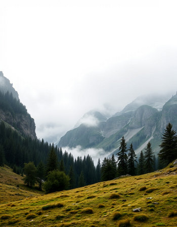 Mountain landscape with fog in the italian dolomitesの写真素材