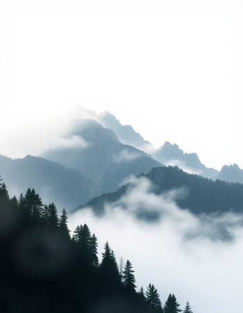 Foggy mountain landscape with coniferous forest in the foreground