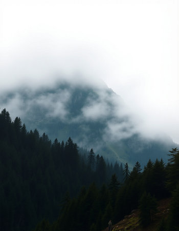 Mountain landscape with fog and clouds on a misty day.
