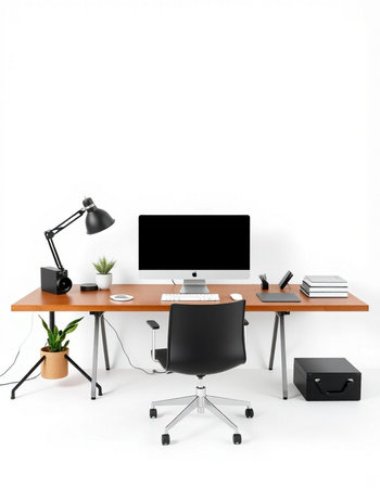 workplace with computer on the white background. 3d rendering.