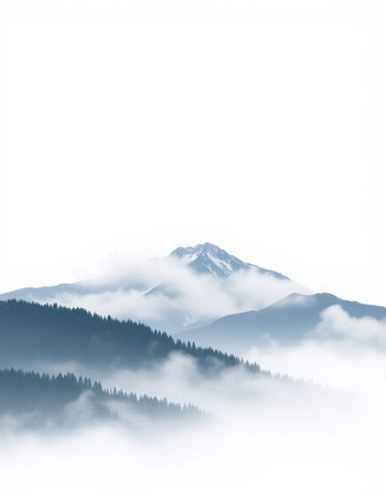 Mountain landscape with fog and mist on white background with copy space