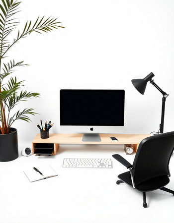 Modern workspace with computer, keyboard, mouse, lamp and plant on white background