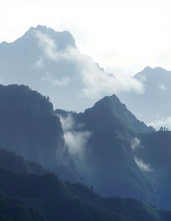 Mountain landscape in the clouds. Caucasus, Dombay.
