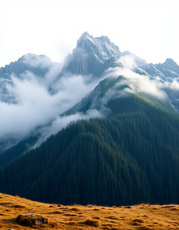 Mountain landscape with snow-capped peaks in the clouds.