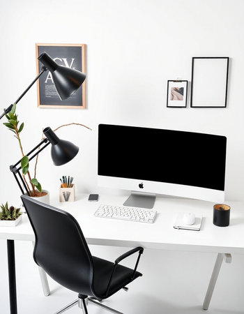 Office workplace with computer, keyboard and other items. Workplace concept