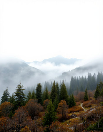 Foggy mountain landscape with coniferous forest in autumn.
