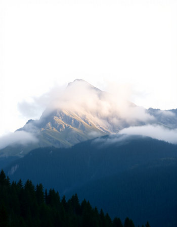 Mountain landscape with fog and clouds. Caucasus Mountains, Georgia.