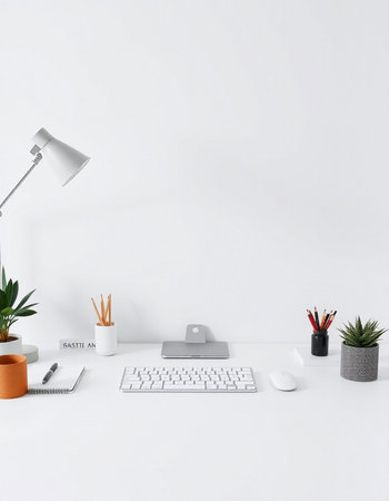 White office desk with computer, plant and other items. 3d renderの写真素材