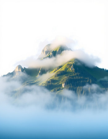 Mountain landscape with fog in the morning. Computer generated image.の写真素材