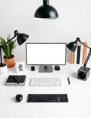 Modern workplace with blank screen computer, mobile phone and office supplies on white background