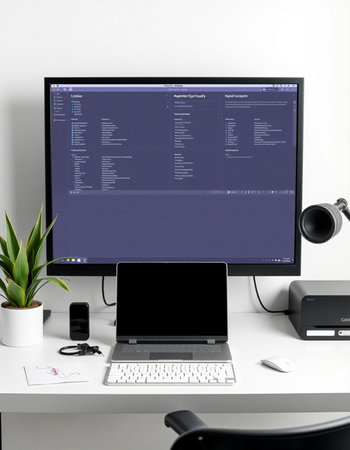 computer screen with programming code on white table. 3d rendering.の写真素材