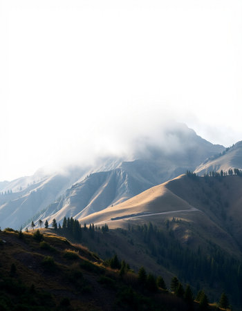 Mountain landscape with fog in the morning. Caucasus, Georgia.の写真素材